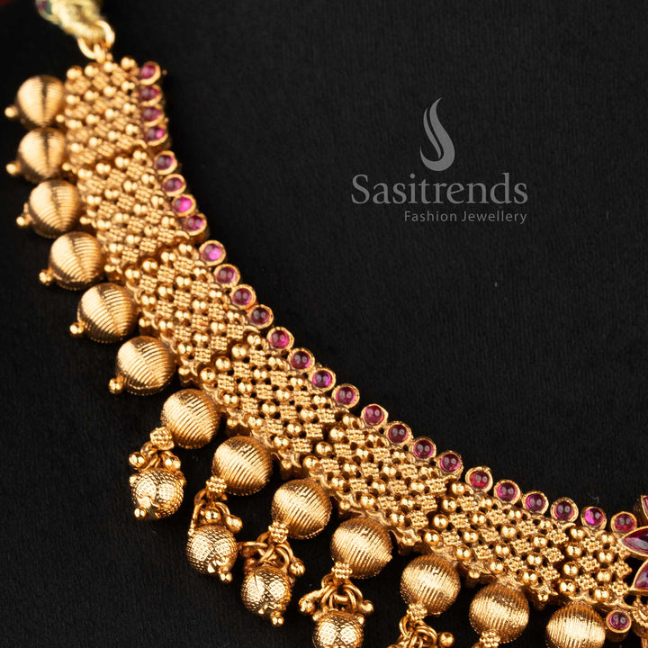 traditional temple matte gold plated bridal floral necklace set with matching jhumka earrings for wedding and festive wear sasitrends