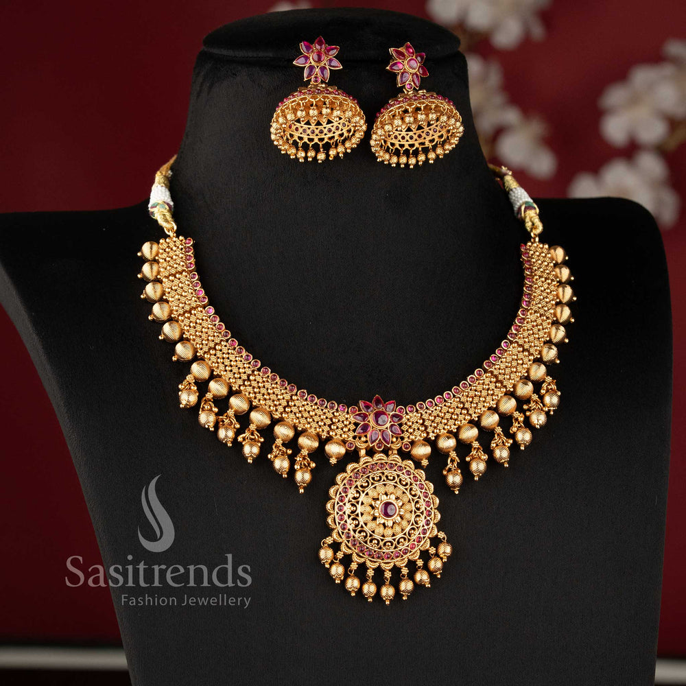 Wedding special temple style necklace set with stone work floral elements and hanging beads for lehenga and saree sasitrends