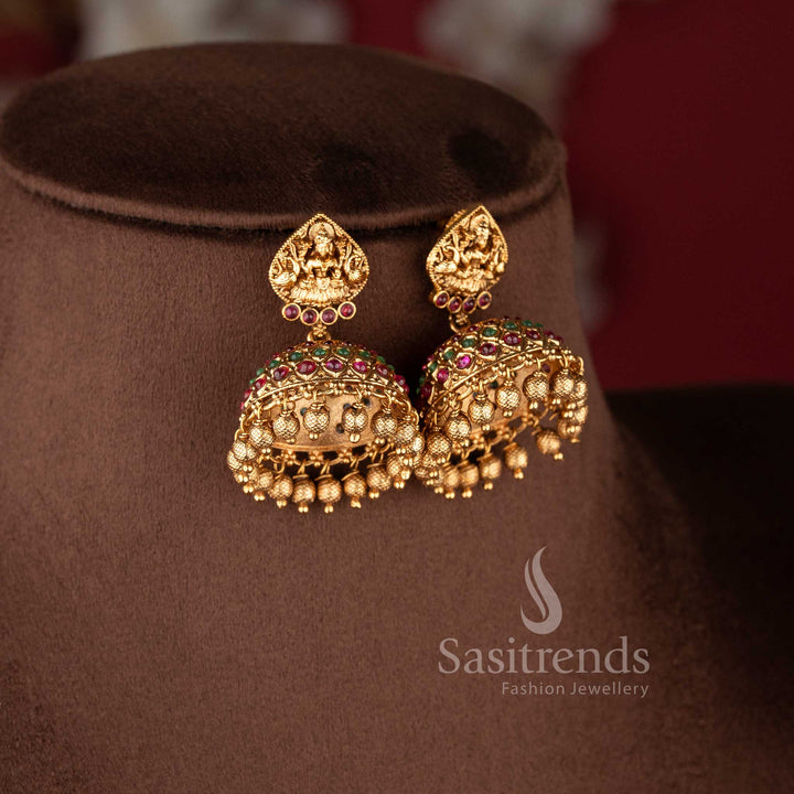 Traditional bridal wear temple matte gold tone Lakshmi and peacock haram necklace jewellery set in ruby green  color with matching jhumkas by Sasitrends