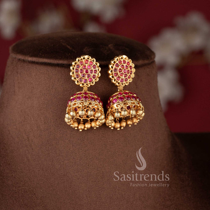 Heavy bridal temple matte gold necklace with ruby Kemp stones and detailed peacock design by Sasitrends, ideal for festive and bridal look