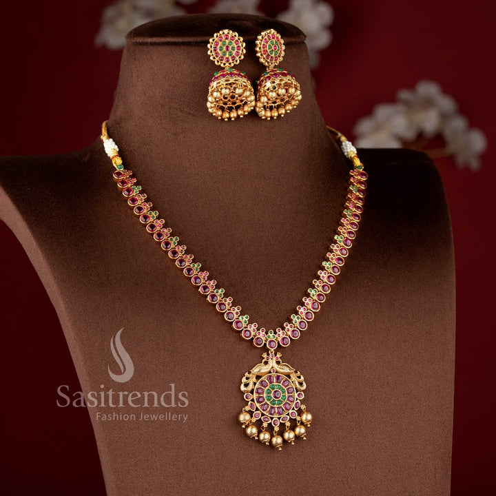 Grand bridal wear temple matte gold finish ruby green Kemp and peacock necklace jewellery set by Sasitrends, perfect for wedding and festive occasions