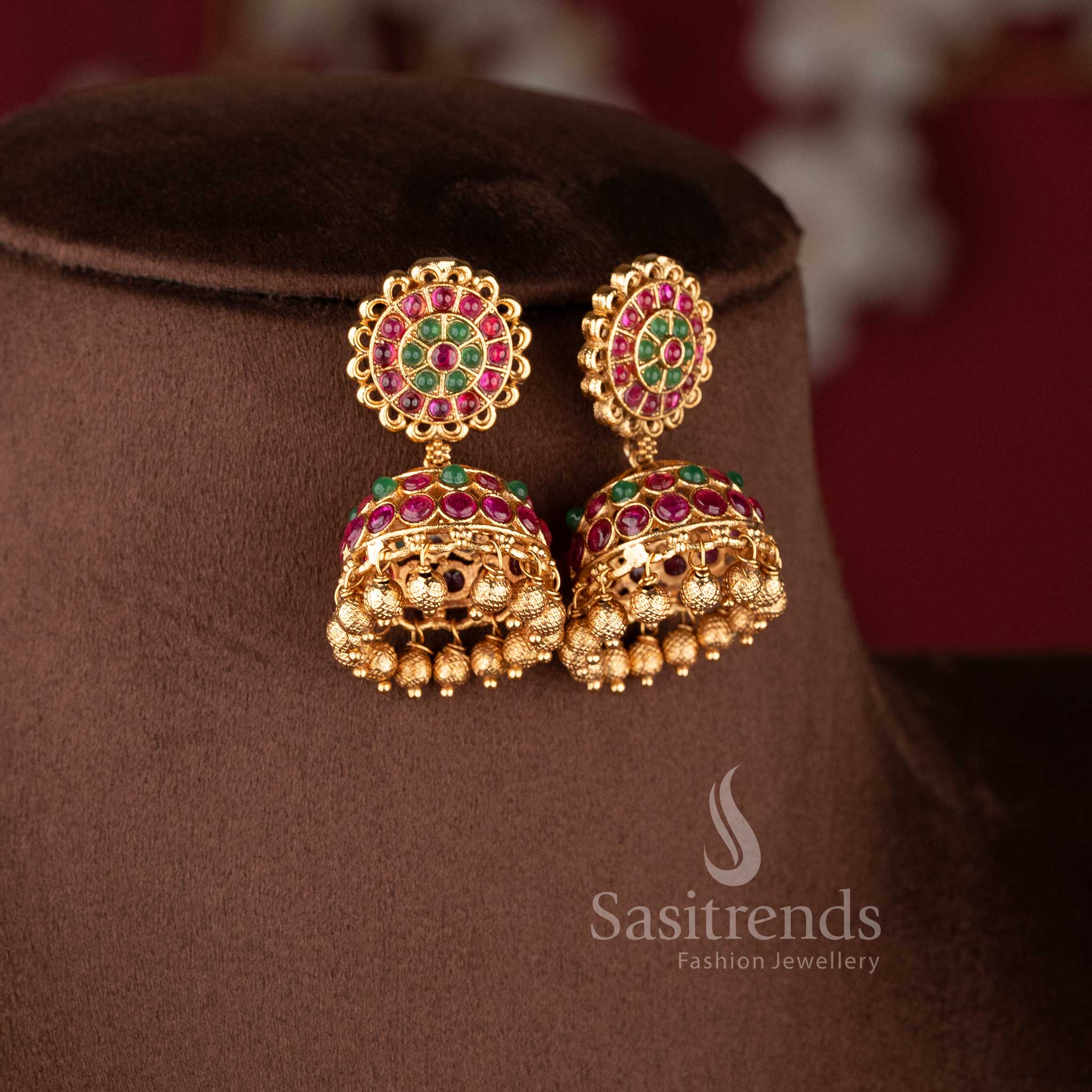 Elegant South Indian bridal temple jewellery set featuring ruby Kemp peacock necklace in matte gold finish by Sasitrends for traditional wear