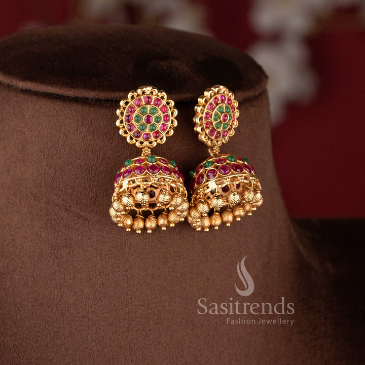 Elegant South Indian bridal temple jewellery set featuring ruby Kemp peacock necklace in matte gold finish by Sasitrends for traditional wear