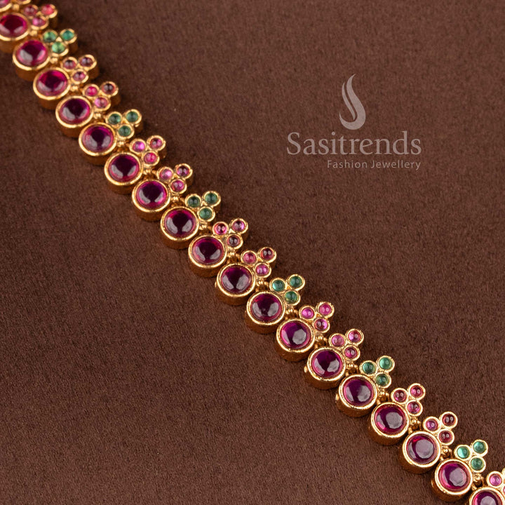 Grand bridal wear temple matte gold finish ruby green Kemp and peacock necklace jewellery set by Sasitrends, perfect for wedding and festive occasions