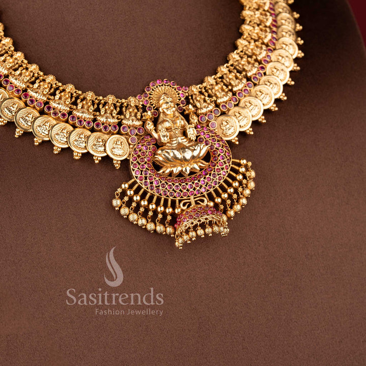 Grand bridal temple jewellery set featuring Lakshmi lotus kasu necklace in ruby green finish by Sasitrends, perfect for festive and traditional occasions