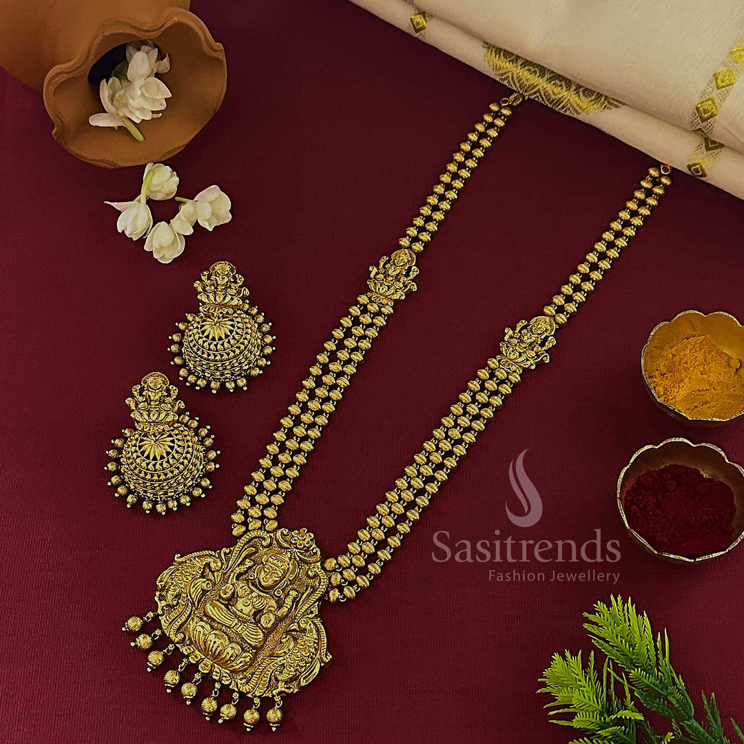 3 Layered Mugappu Long Necklace Set - Latest Design For Bridals - Matte Gold Plated - Sasitrends