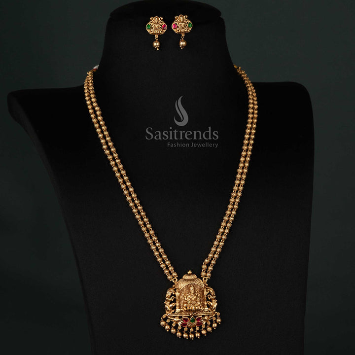 Stunning Premium Temple Matte Gold Plated Lakshmi Long Necklace Jewellery Set with Dual-Layered Floral Beaded Chain, Intricate Lakshmi Pendant, and Matching Stud - Sasitrends