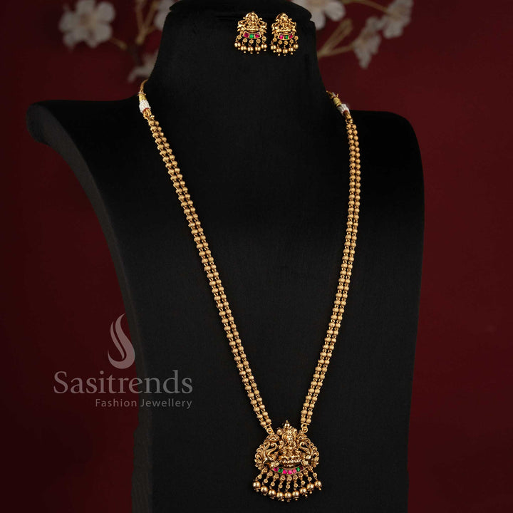 Dual Peacock Goddess Lakshmi Matte Gold Plated Temple Two-Layer Ball Chain Long Haram Necklace Set –- Sasitrends
