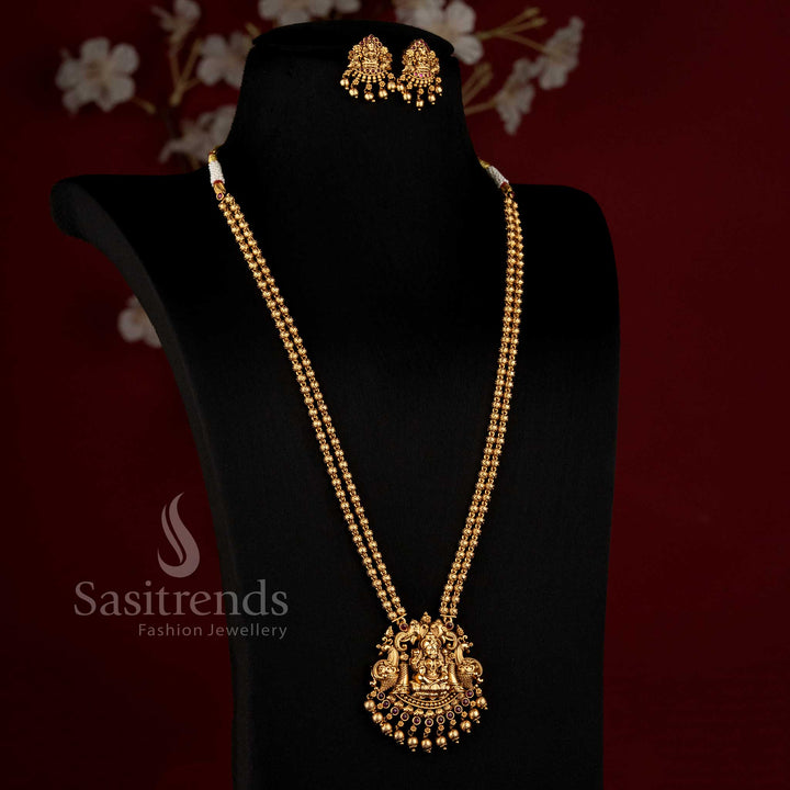 Premium Matte Gold Plated Temple Goddess Lakshmi Two-Layer Ball Chain Long Haram Necklace Set - Sasitrends