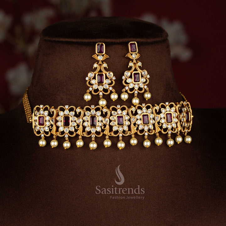 Elegant ruby temple choker AD Stones jewellery set adorned with a graceful peacock motif, designer matte gold finish – Sasitrends
