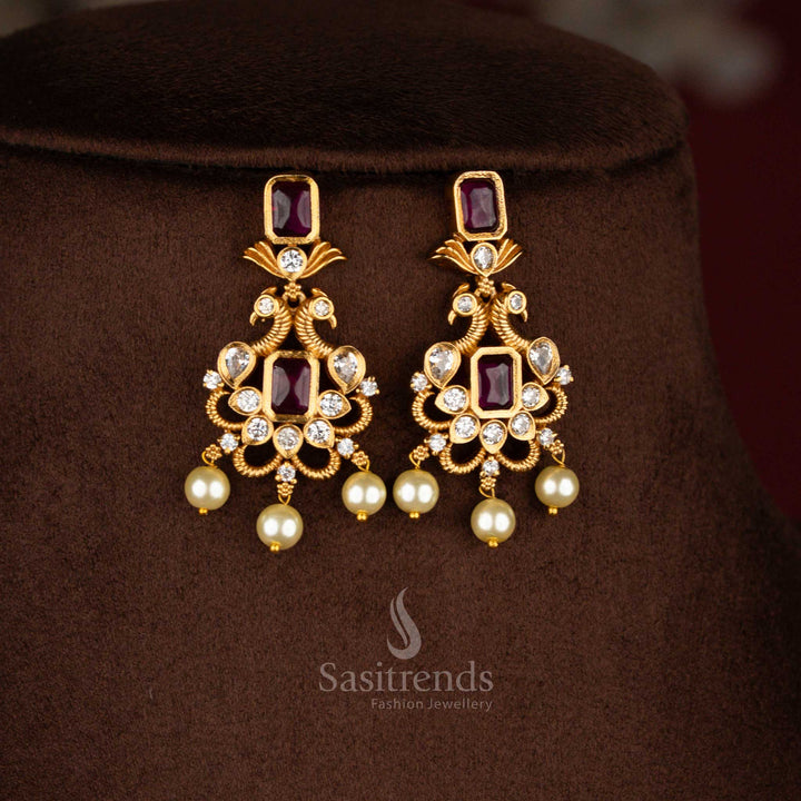 Gorgeous ruby temple choker AD Stones jewellery set adorned with a graceful peacock motif, designer matte gold finish – Sasitrends