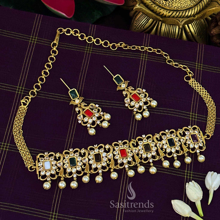 New Trendy Temple Matte Gold Plated AD Peacock Choker Jewellery Set | Sasitrends