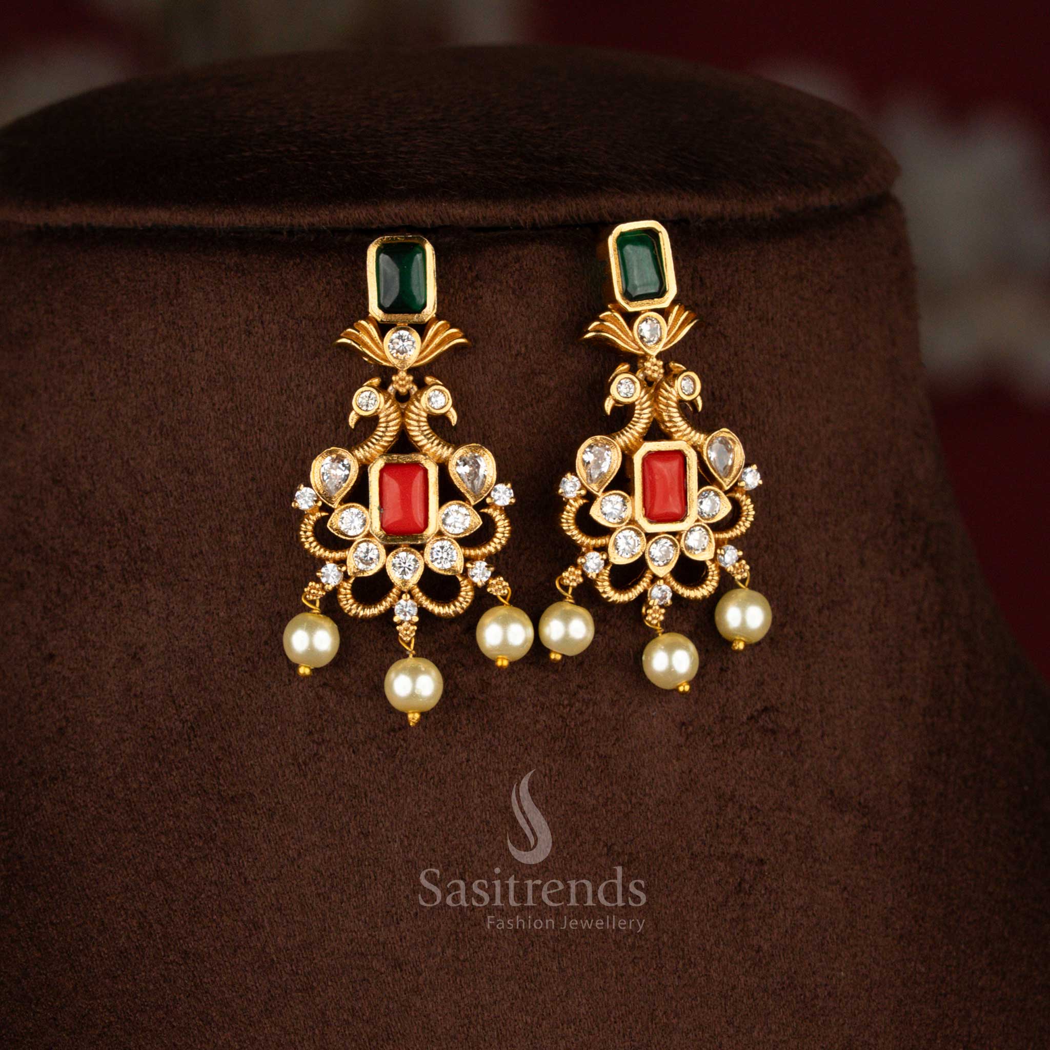 Attractive Multi choker jewellery set with antique peacock design, temple matte gold finish, and colourful AD stone embroidery – Sasitrends