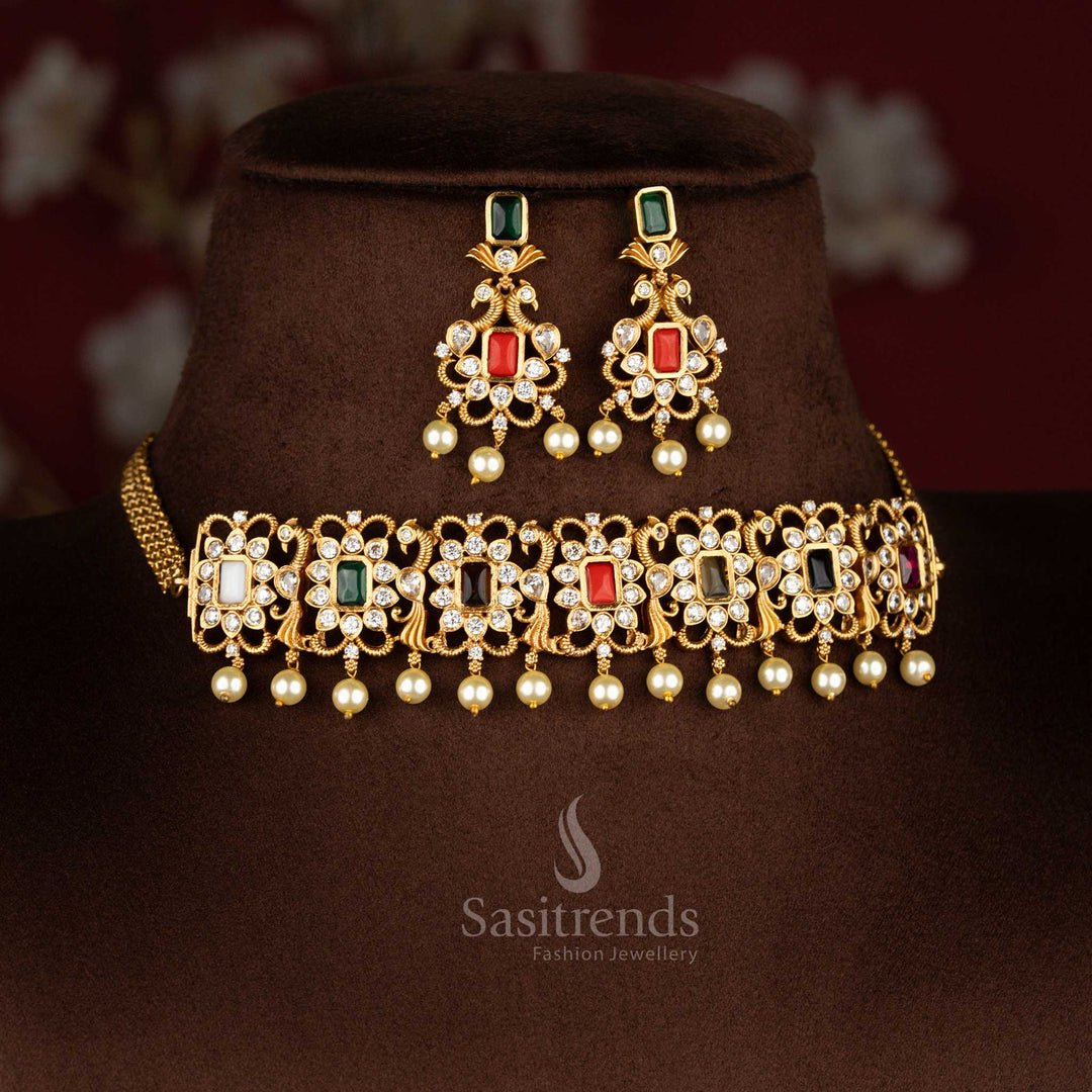 Stunning Multi choker jewellery set with antique peacock design, temple matte gold finish, and colorful AD stone embroidery, perfect for traditional temple wear – Sasitrends