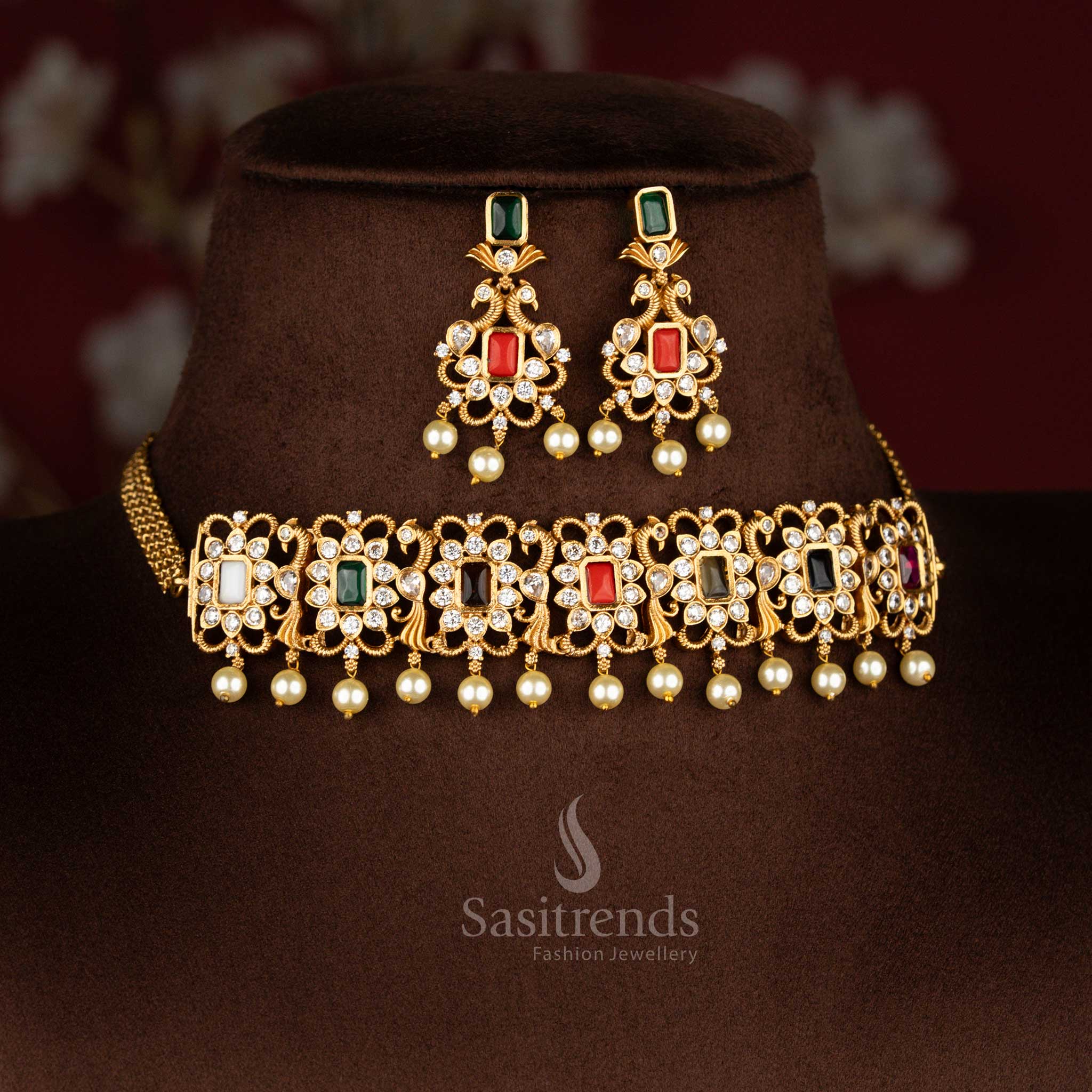 Stunning Multi choker jewellery set with antique peacock design, temple matte gold finish, and colorful AD stone embroidery, perfect for traditional temple wear – Sasitrends