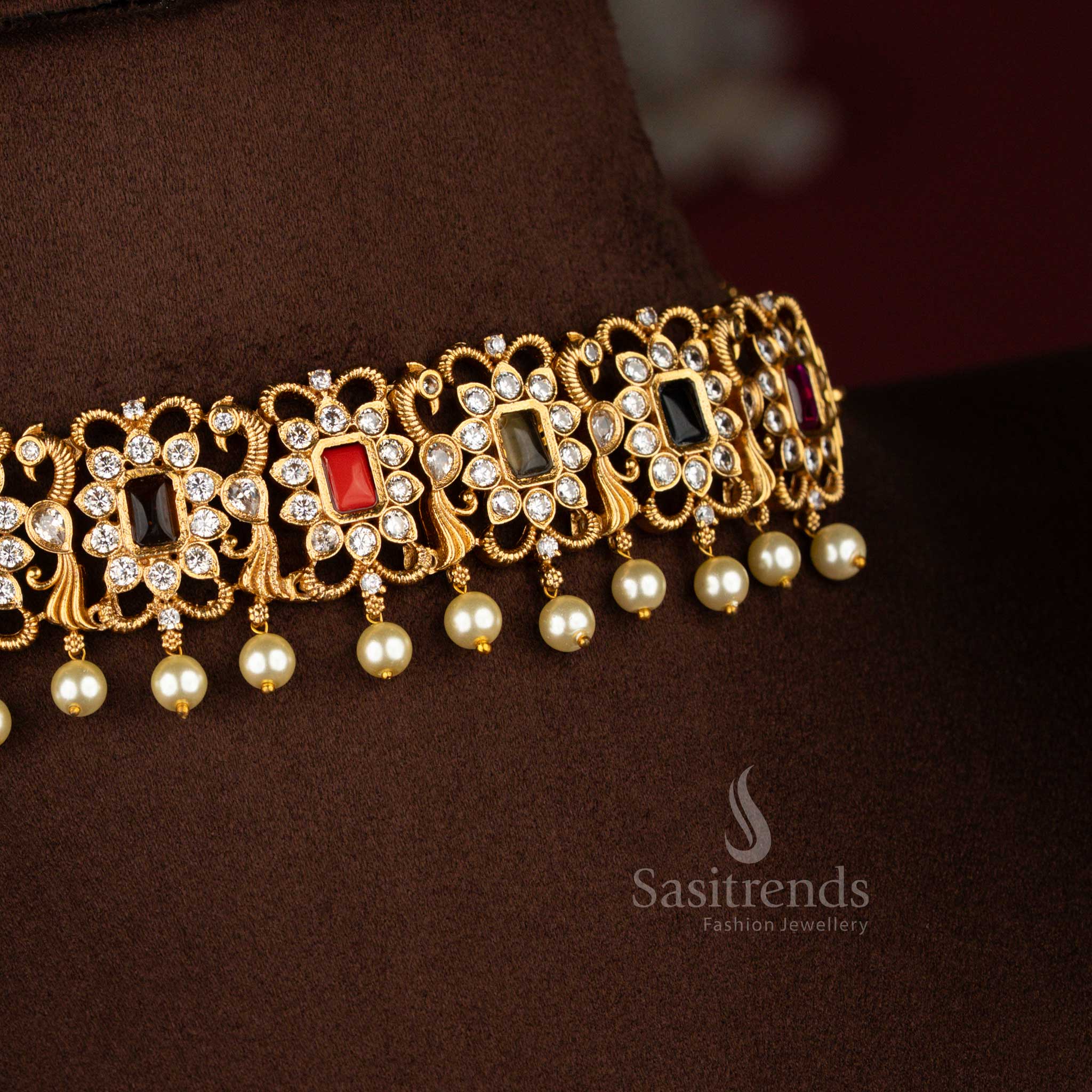 Traditional Multi choker jewellery set with antique peacock design, temple matte gold finish, and colourful AD stone embroidery, perfect for traditional ceremonies – Sasitrends