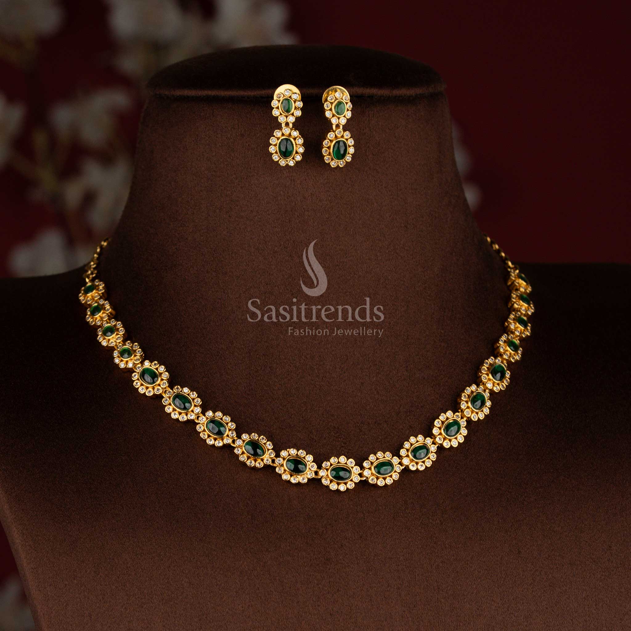 Chic matte gold plated Green \-colored oval floral AD earrings for festive ensembles, silk sarees, and ethnic parties – Sasitrends