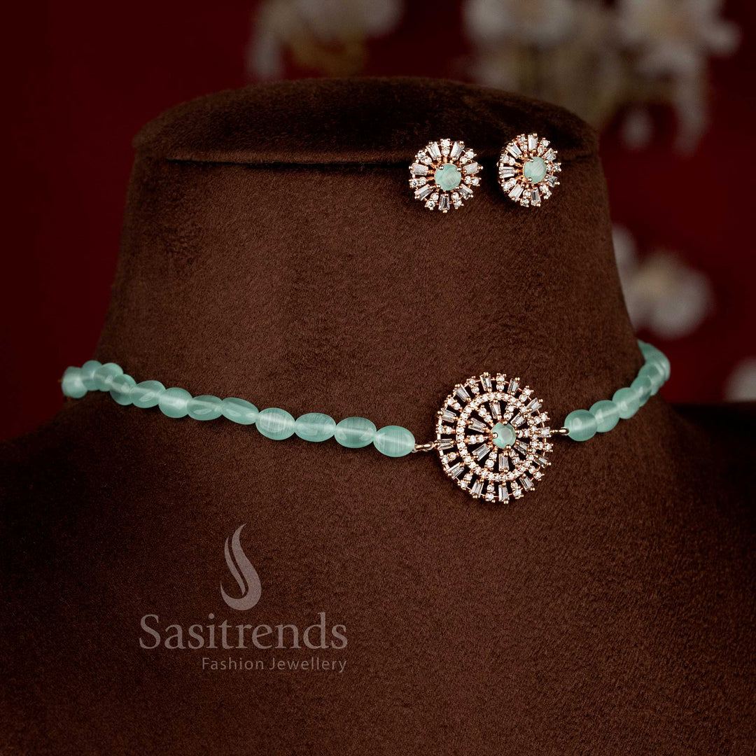 Sparkling American Diamond choker necklace with matching earrings for modern festive styling - Sasitrends