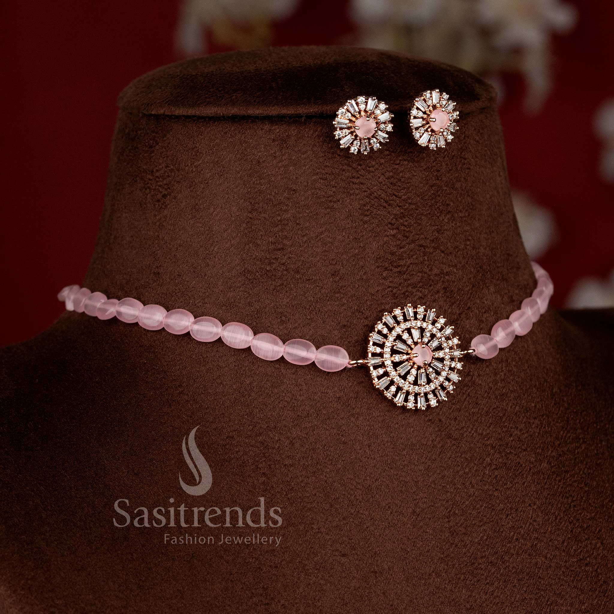 Sparkling American Diamond choker necklace with matching earrings for modern festive styling - Sasitrends