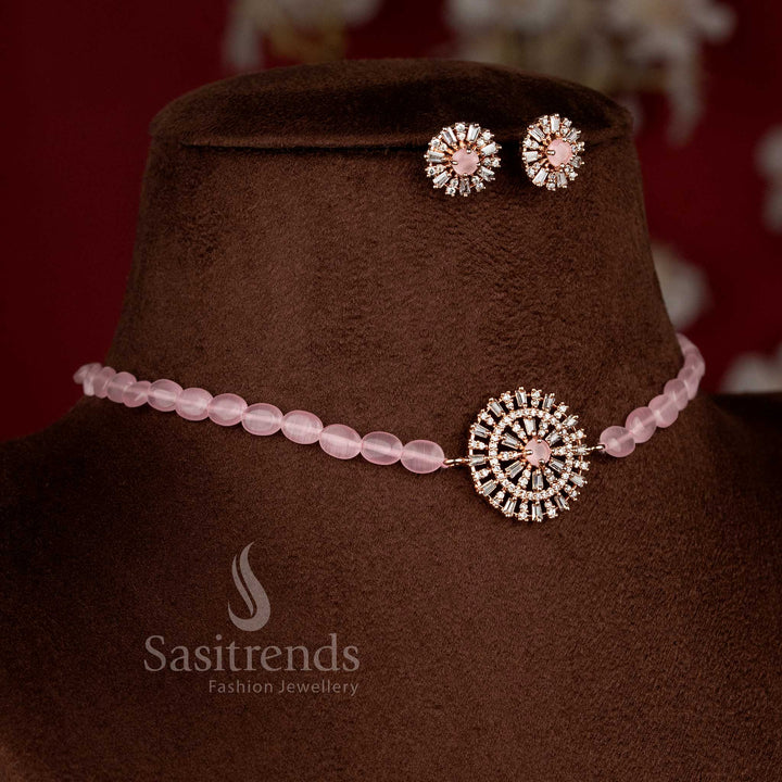 Sparkling American Diamond choker necklace with matching earrings for modern festive styling - Sasitrends