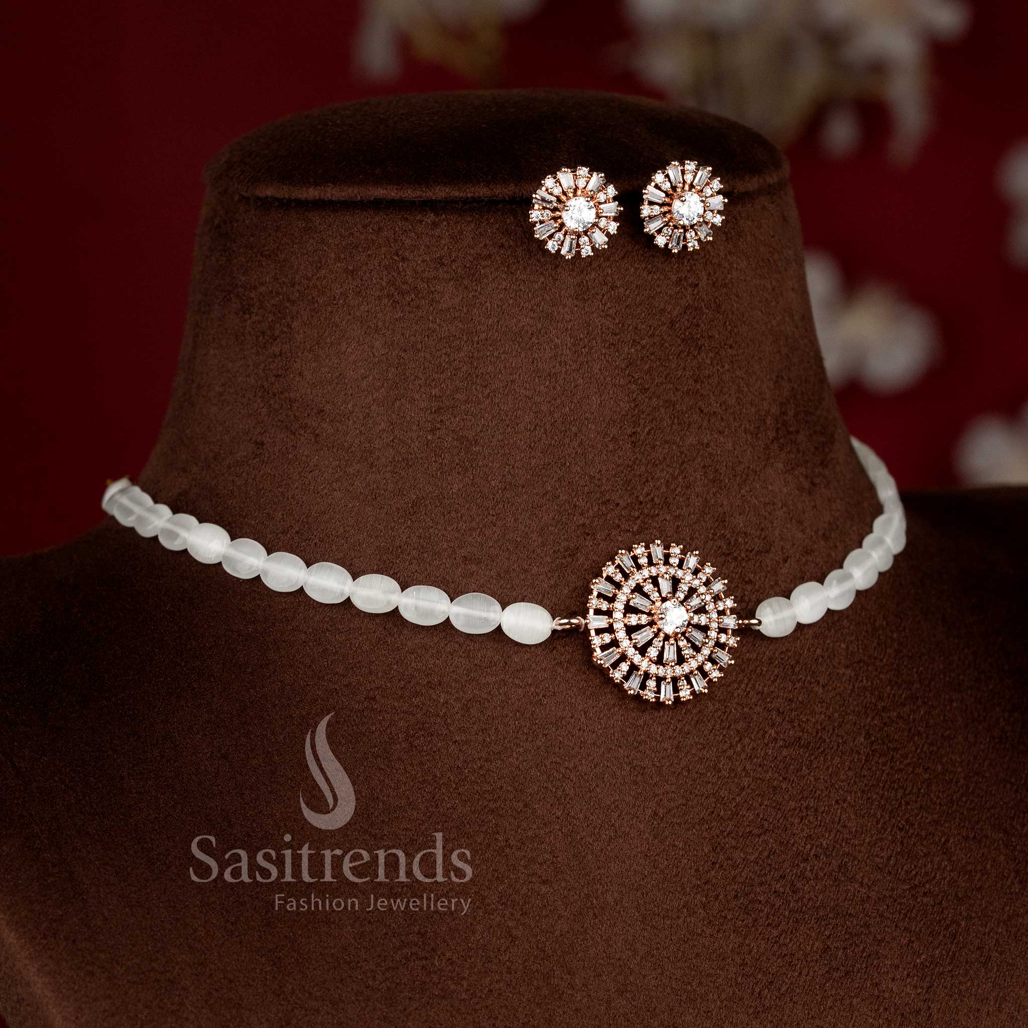 Glamorous American Diamond round pendant beads choker necklace with matching earrings – Sasitrends