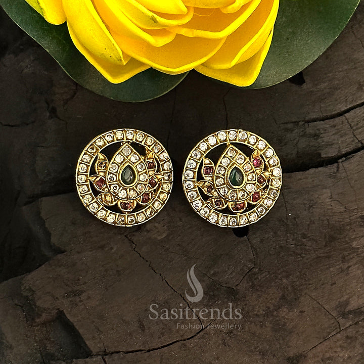 Latest Temple Matte Gold Plated Gilded Blossom Stone Lotus Stud Earrings | Sasitrends
