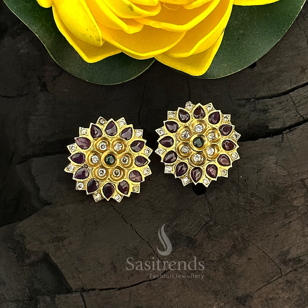 Blooming symphony multicolour flower stud earrings in temple matte gold tone, showcasing ornate craftsmanship and traditional jewellery aesthetic - Sasitrends
