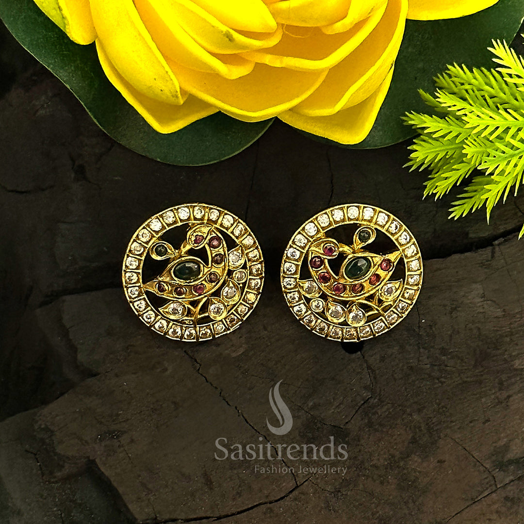 Majestic plumage peacock round stud temple matte gold plated earrings featuring intricate design and elegant traditional jewellery appeal - Sasitrends


