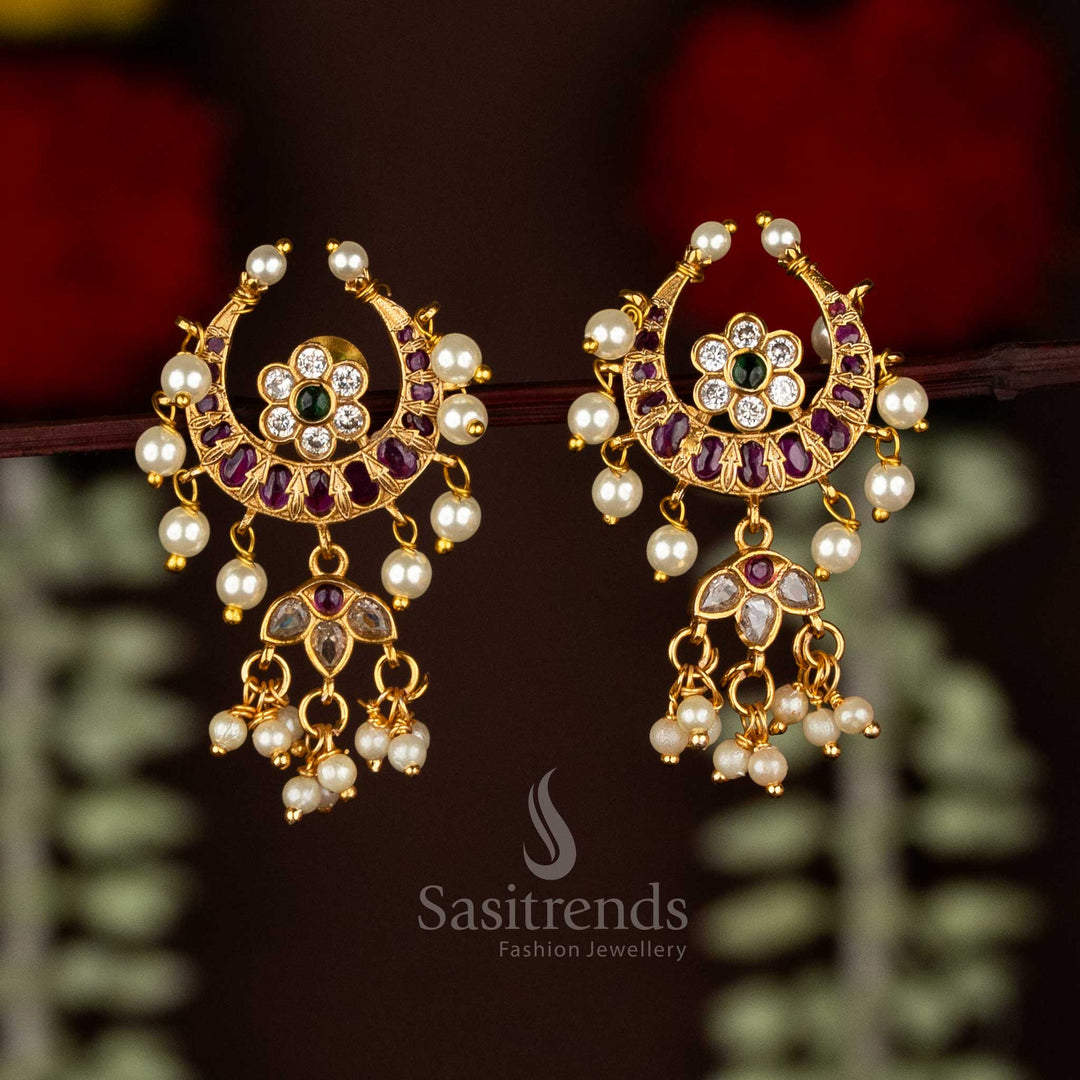 Stunning multi-colored temple matte gold plated AD stud earrings with pearl accents, crafted for festive celebrations and traditional ethnic saree ensembles by Sasitrends