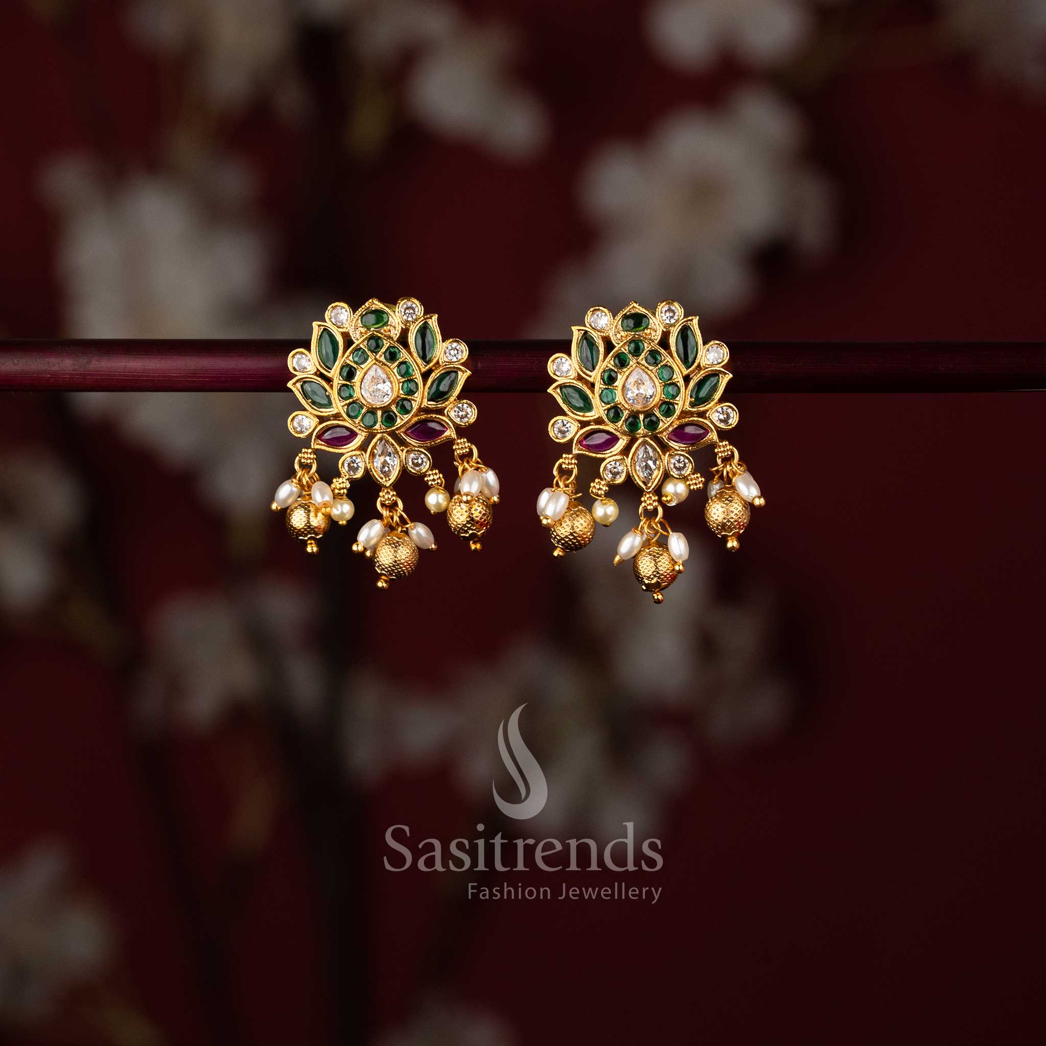 Temple matte gold finish, showcasing Green Multi and vibrant tones with pearl-bead details for a bold and bright bridal jewellery statement – sasitrends