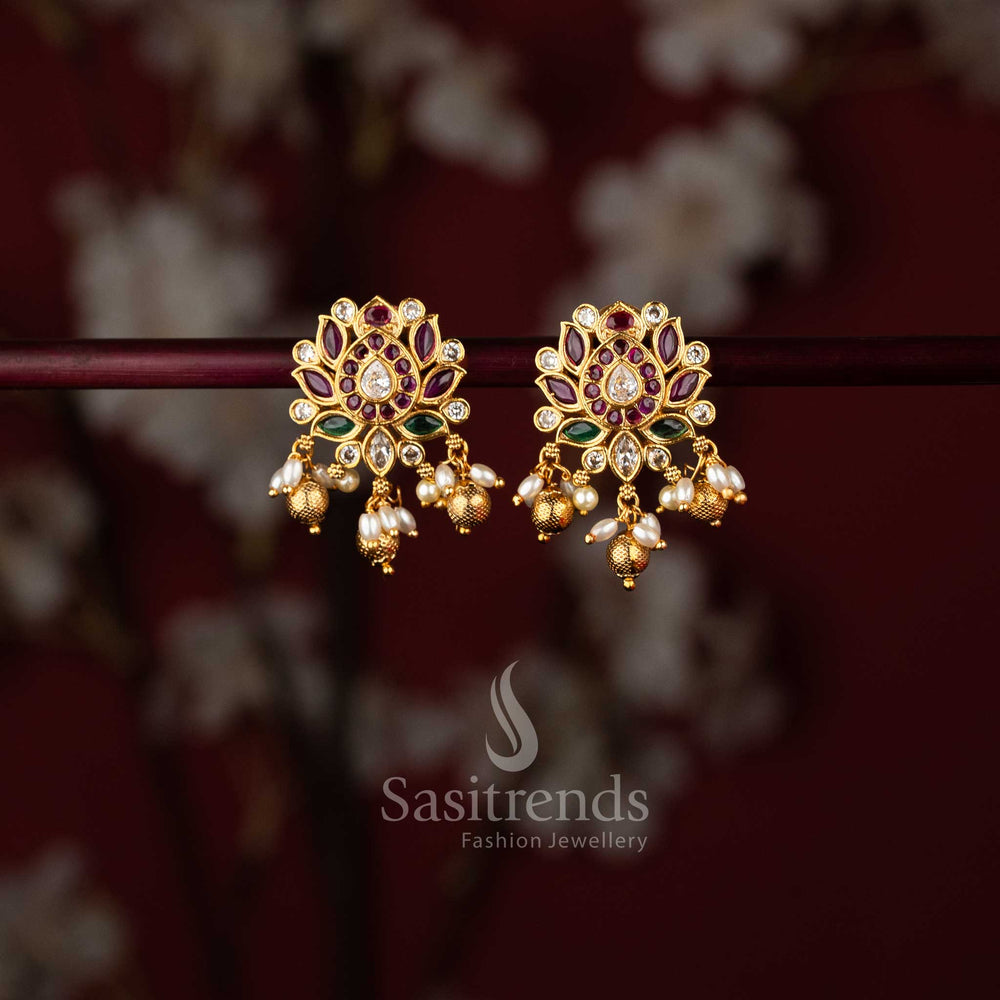 Temple matte gold finish, showcasing Ruby Multi and vibrant tones with pearl-bead details for a bold and bright bridal jewellery statement – sasitrends