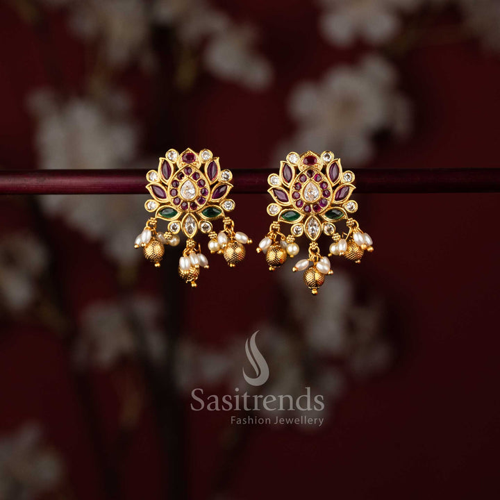 Temple matte gold finish, showcasing Ruby Multi and vibrant tones with pearl-bead details for a bold and bright bridal jewellery statement – sasitrends