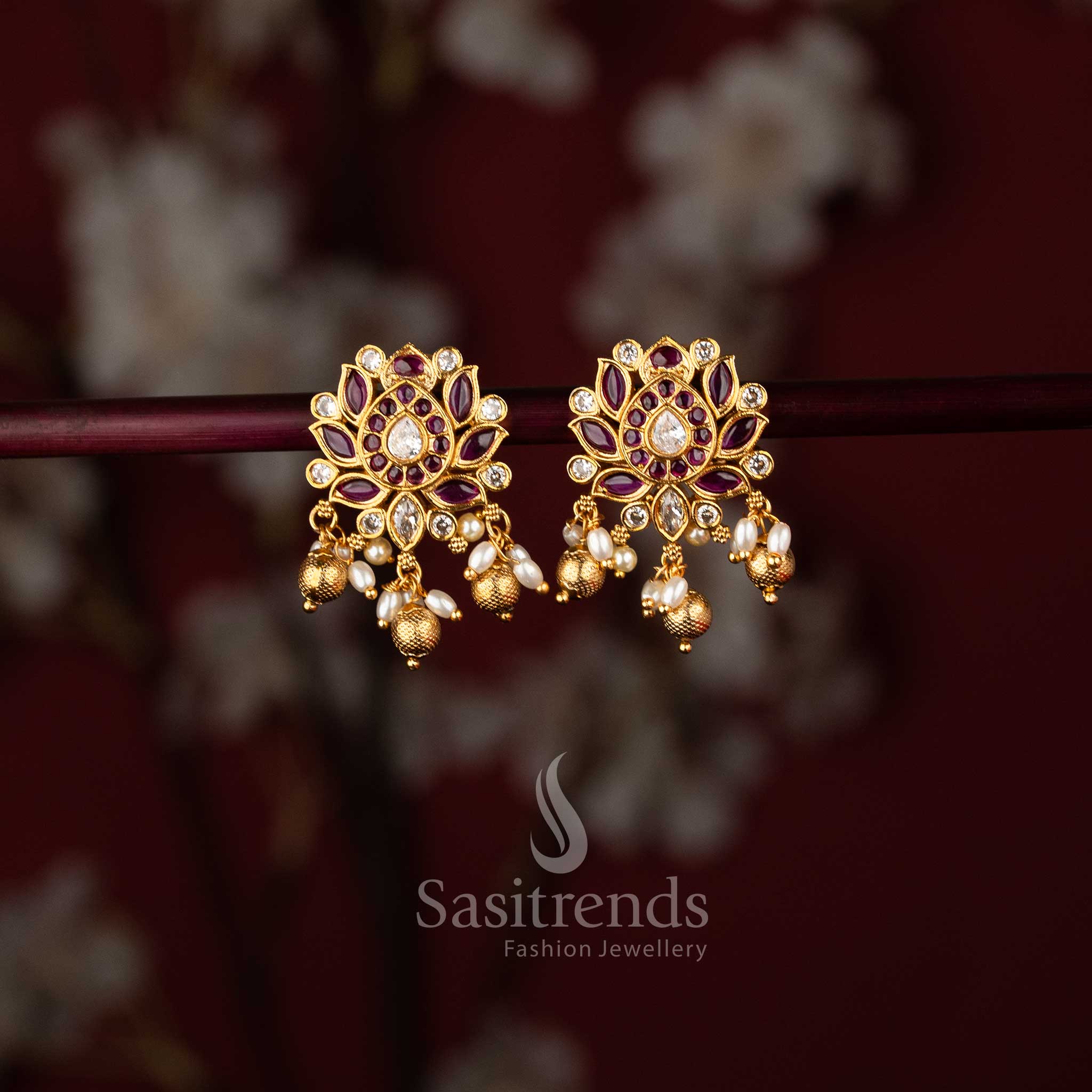 Temple matte gold finish, showcasing vibrant tones with pearl-bead details for a bold and bright bridal jewellery statement – sasitrends