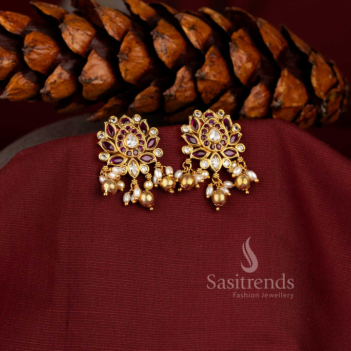 Temple matte gold finish, showcasing vibrant tones with pearl-bead details for a bold and bright bridal jewellery statement – sasitrends
