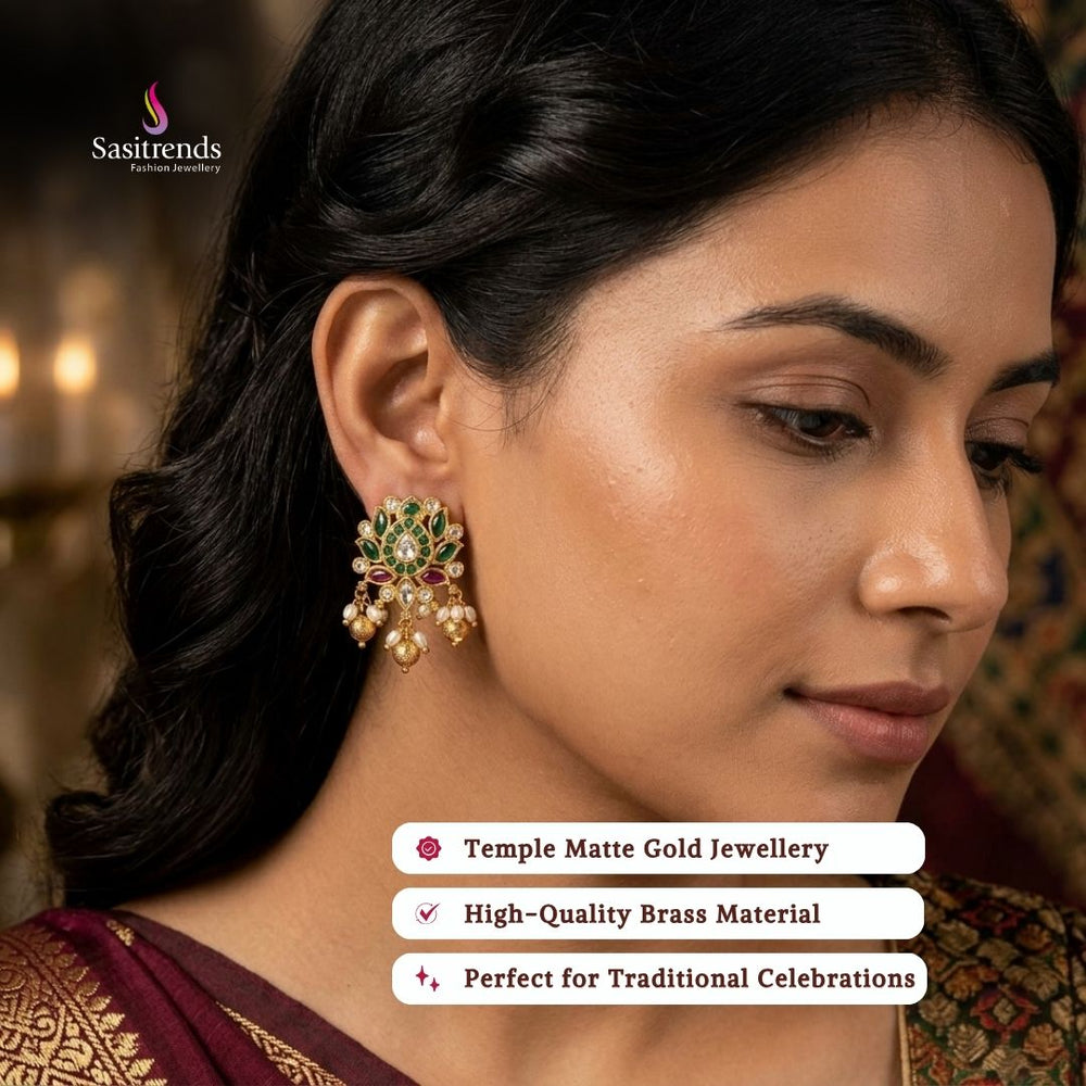 Graceful Temple Matte Gold Plated Lotus Floral Earrings with Kemp AD Stones, Pearls, and Bead Hangings