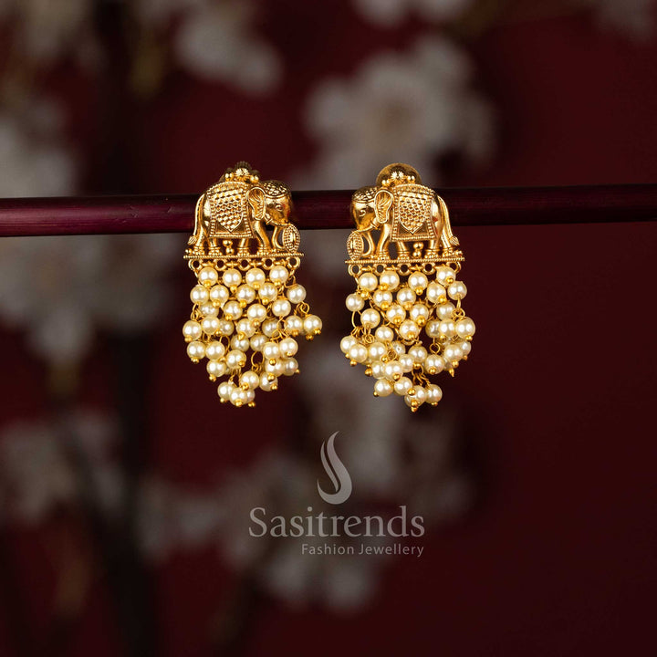 Sasitrends | Traditional Matte Gold Plated Temple Elephant Earrings with Pearl Layer Hanging