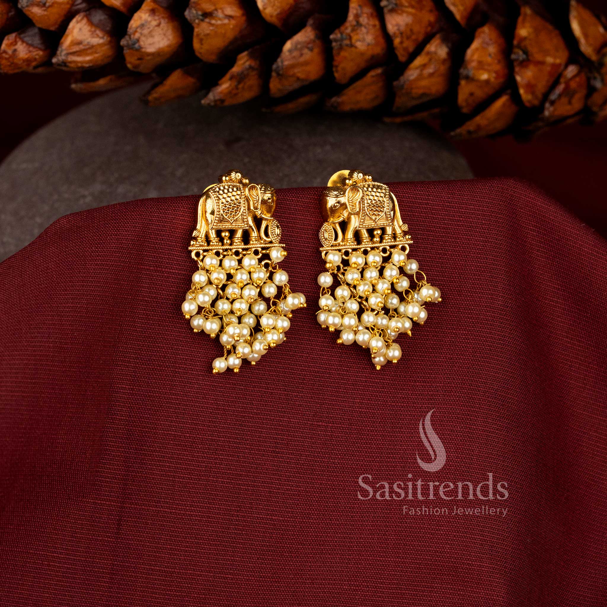 Temple Elephant Earrings, Matte Gold Plated, Pearl Layer - Sasitrends 