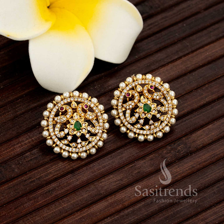 Traditional Matte Gold Plated Round Stud Earrings with Twin Peacock Design, AD Stones & Pearl Border - Sasitrends