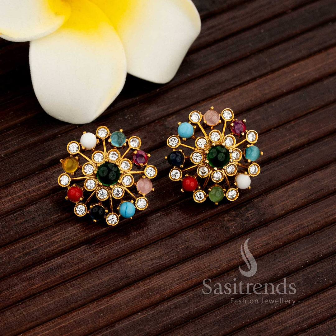 Circular Floral Stud Earrings with AD and Multi-Stone Tips - Sasitrends