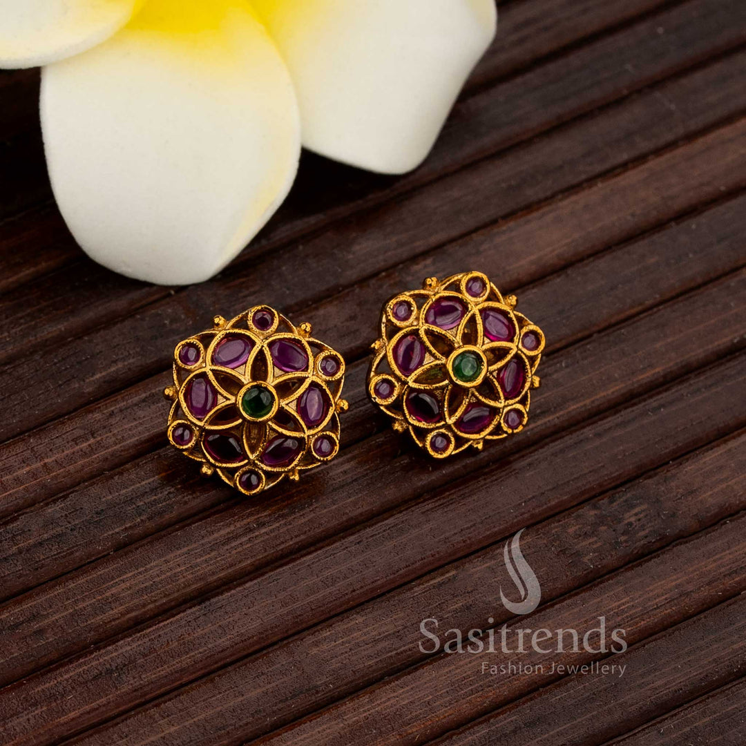 2080M Hexagonal Stud Earrings with Floral Motif and AD Stonework - Sasitrends