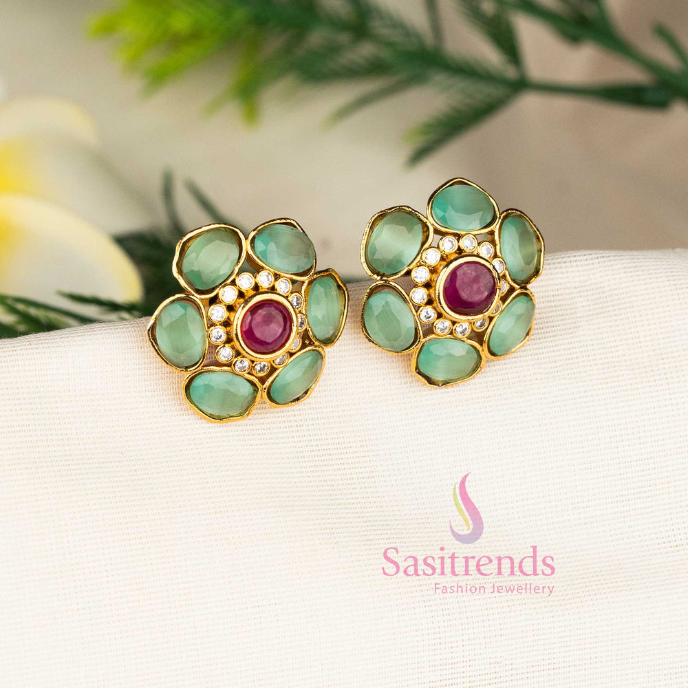 Elegant Mint Matte Gold Floral Stud Earrings Embellished With American Diamond Stone Highlights – Stylish Festive Jewellery With Refined Craftsmanship For Saree Wear - Sasitrends