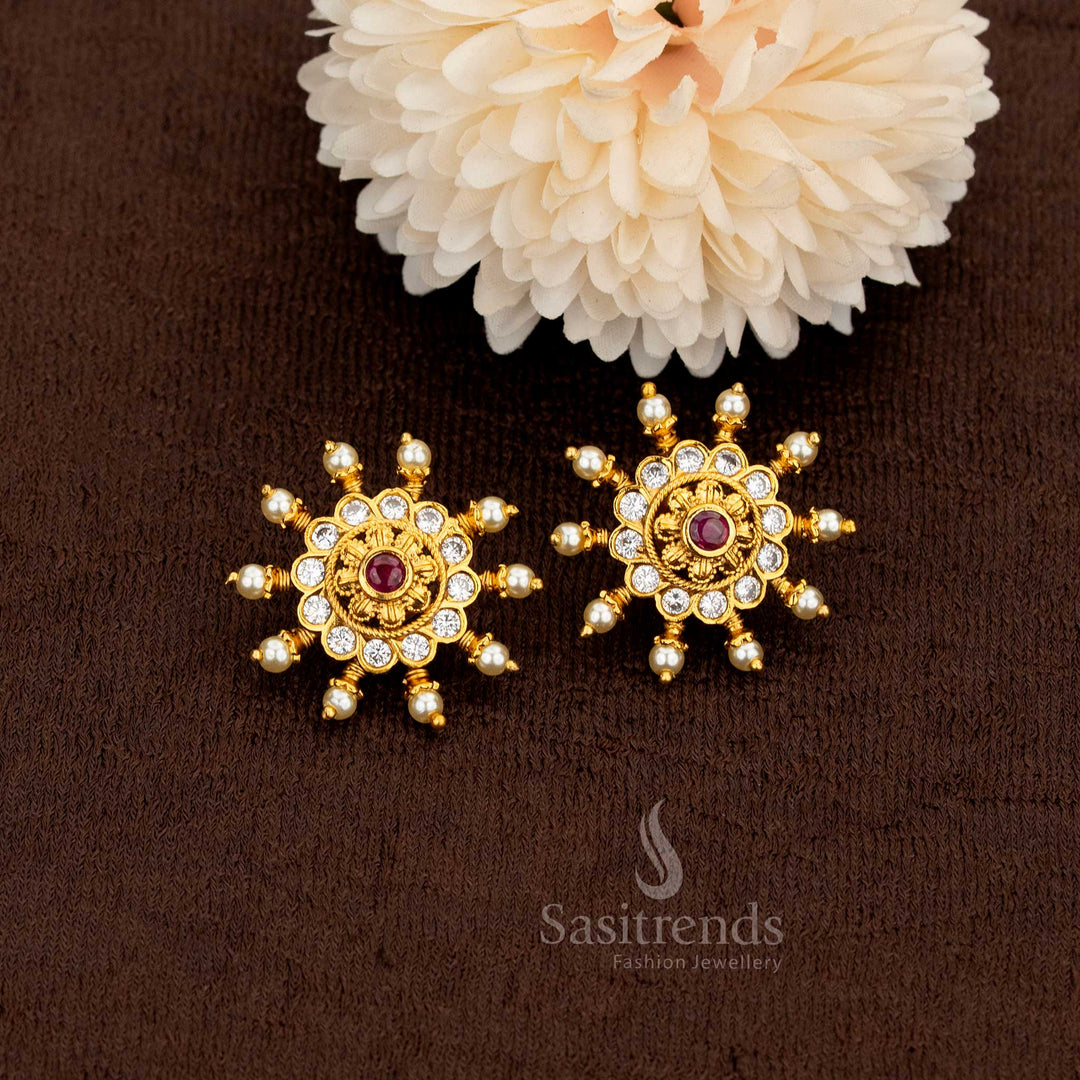 Premium temple matte gold plated sunburst AD stone pearl earrings 