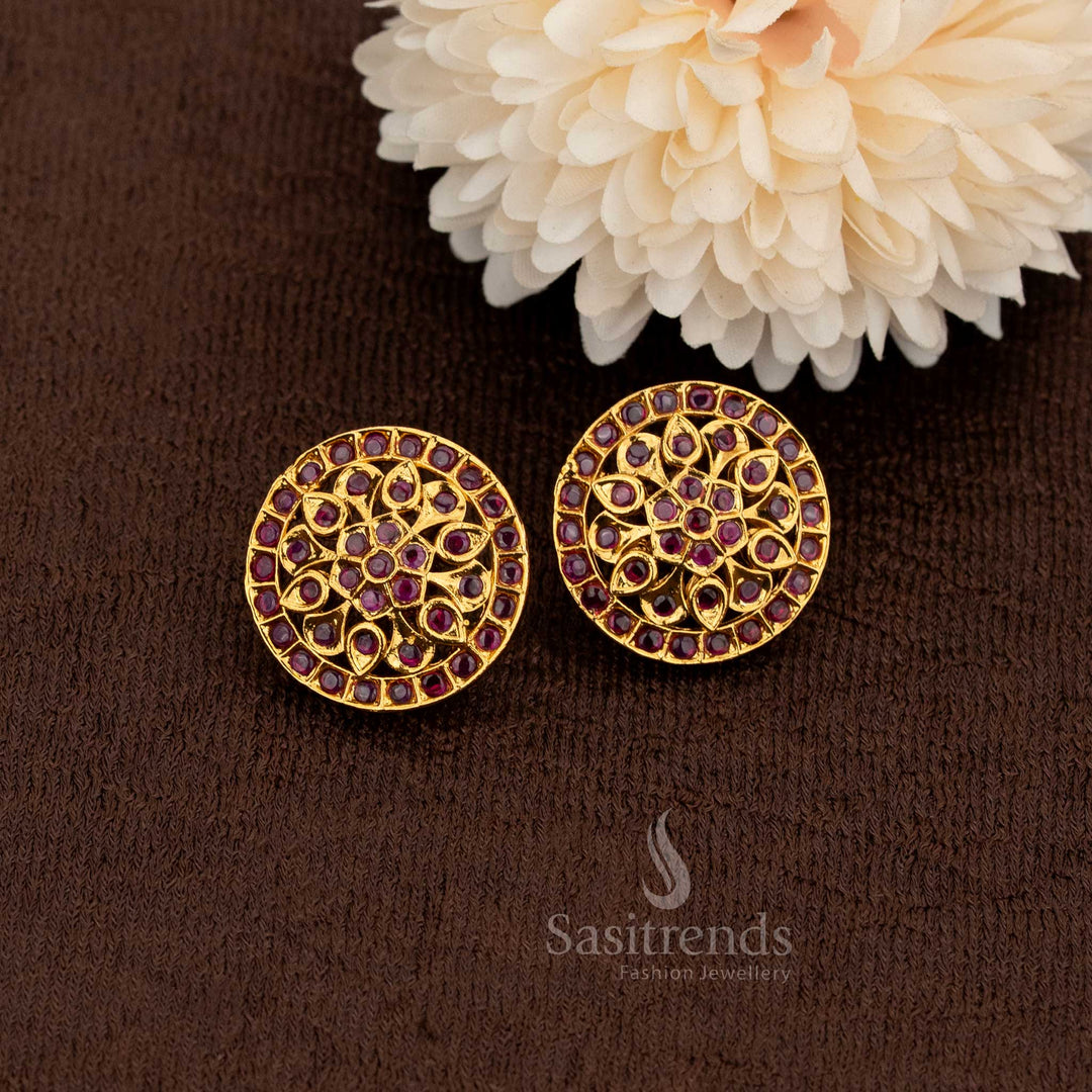 Premium temple matte gold plated floral AD stone stud earrings