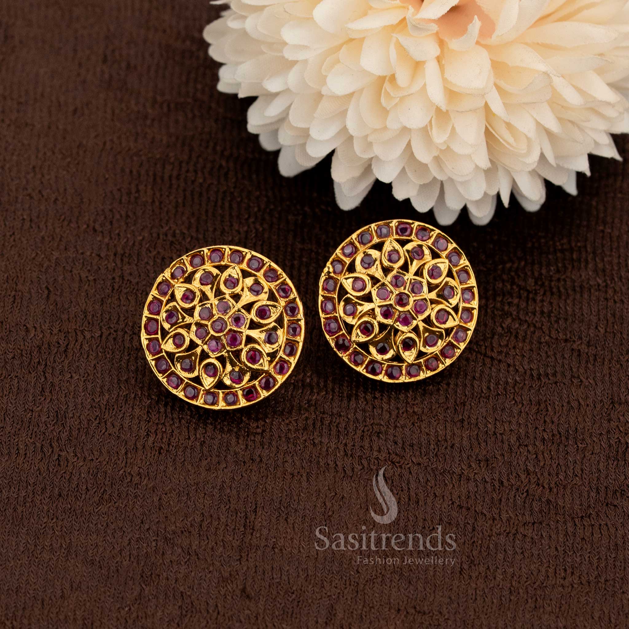 Premium temple matte gold plated floral AD stone stud earrings