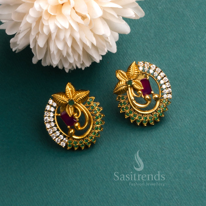 Trendy Temple Matte Gold Tone Floral Earrings with AD Stones for Women - Latest New Collection