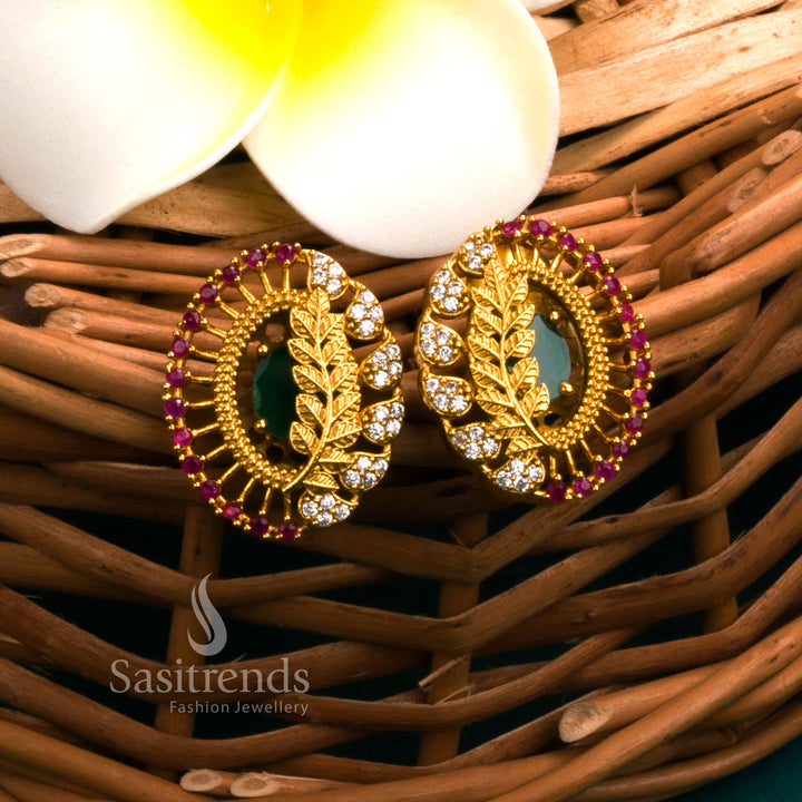 Gorgeous Traditional Temple Matte Gold Tone Leaf Earrings with AD Stones for Women - Latest Collection | Sasitrends