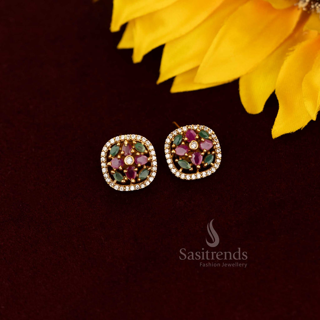 Elegant American Diamond floral stud earrings with shimmering Multi stones, perfect for party wear, showcasing splendid craftsmanship and radiant jewellery elegance - Sasitrends