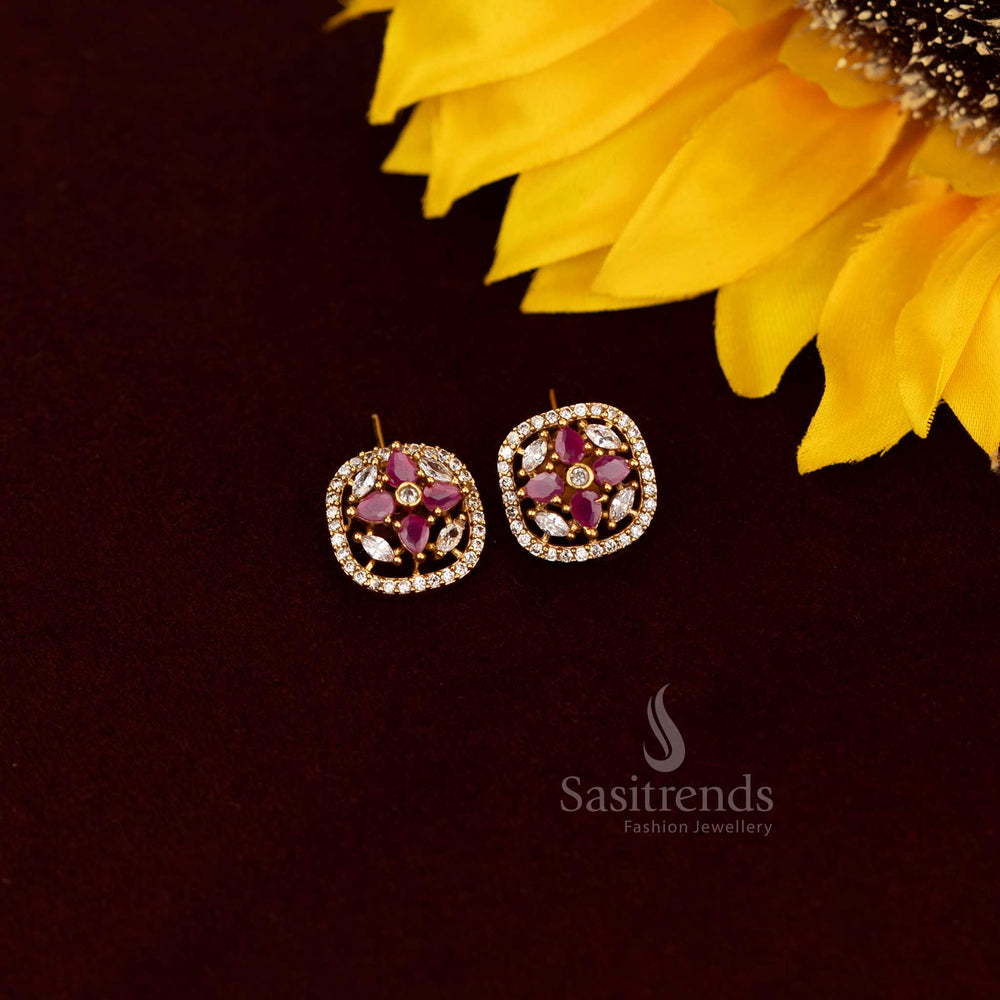 Charming American Diamond floral stud earrings in dazzling white-ruby stones, an exquisite party wear jewellery piece perfect for traditional and festive attire - Sasitrends