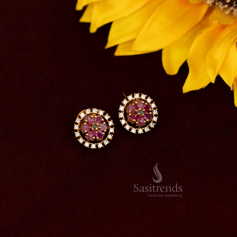 Gorgeous American Diamond circular floral stud earrings with dazzling multi stones, a masterpiece of elegant jewellery designed for grand party wear looks - Sasitrends