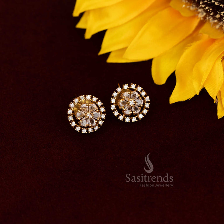 Timeless American Diamond circular stud earrings adorned with sparkling white stones and a classic floral pattern, perfect for graceful party wear jewellery - Sasitrends